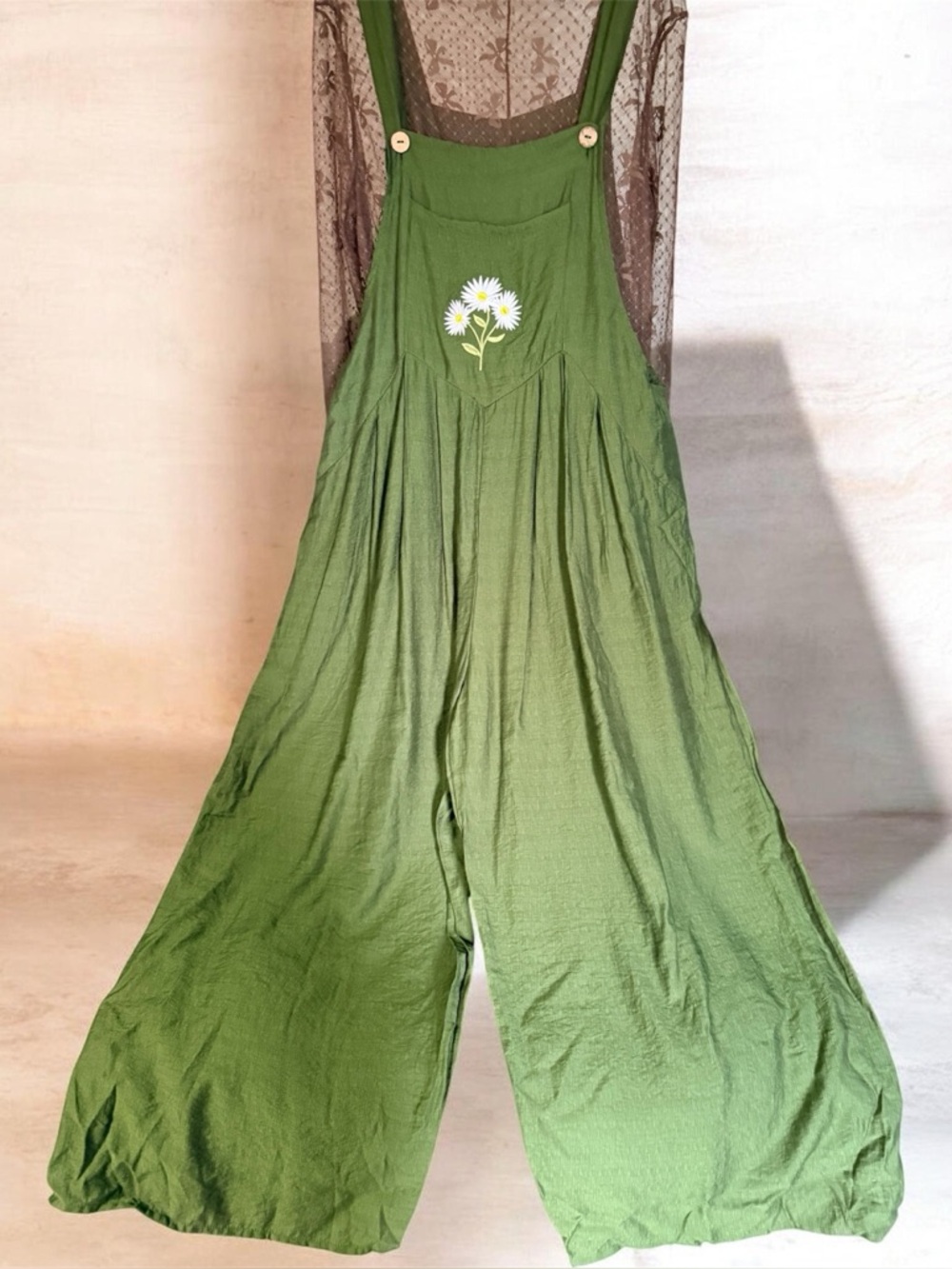 Women’s Olive Green Wide-Leg Linen like Jumpsuit W/Daisy Embroidery & shear top - Picture 2 of 5